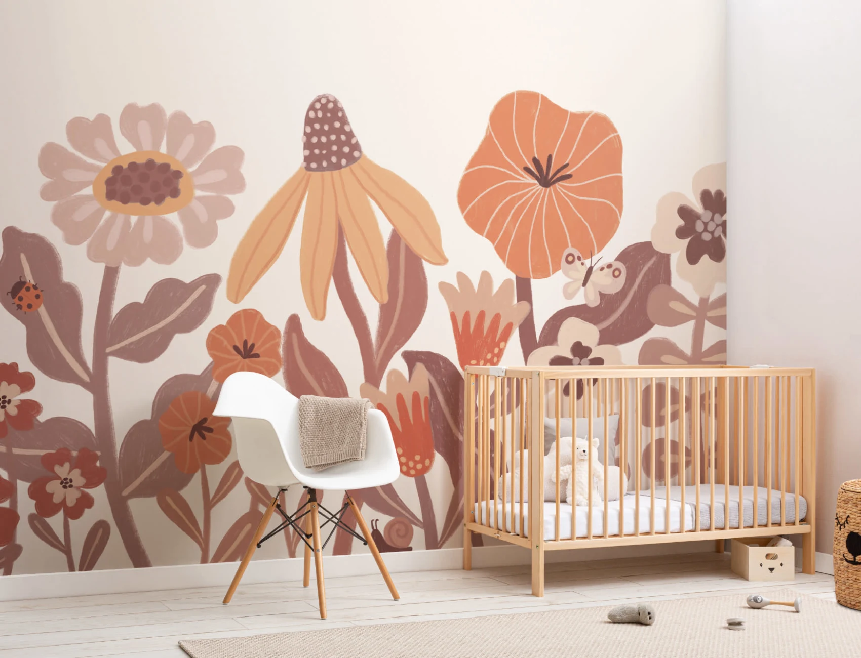 Copii portocalii  Murală retro cu flori scandinave