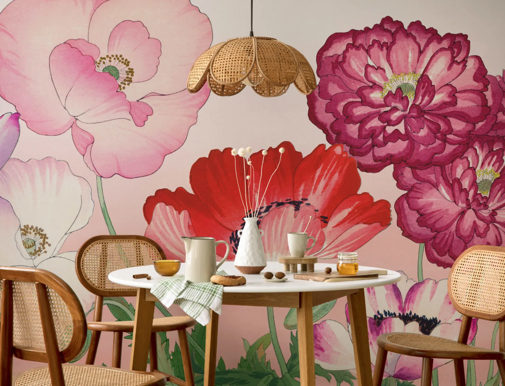 Roz Poppy japoneză acuarelă Floral Mural