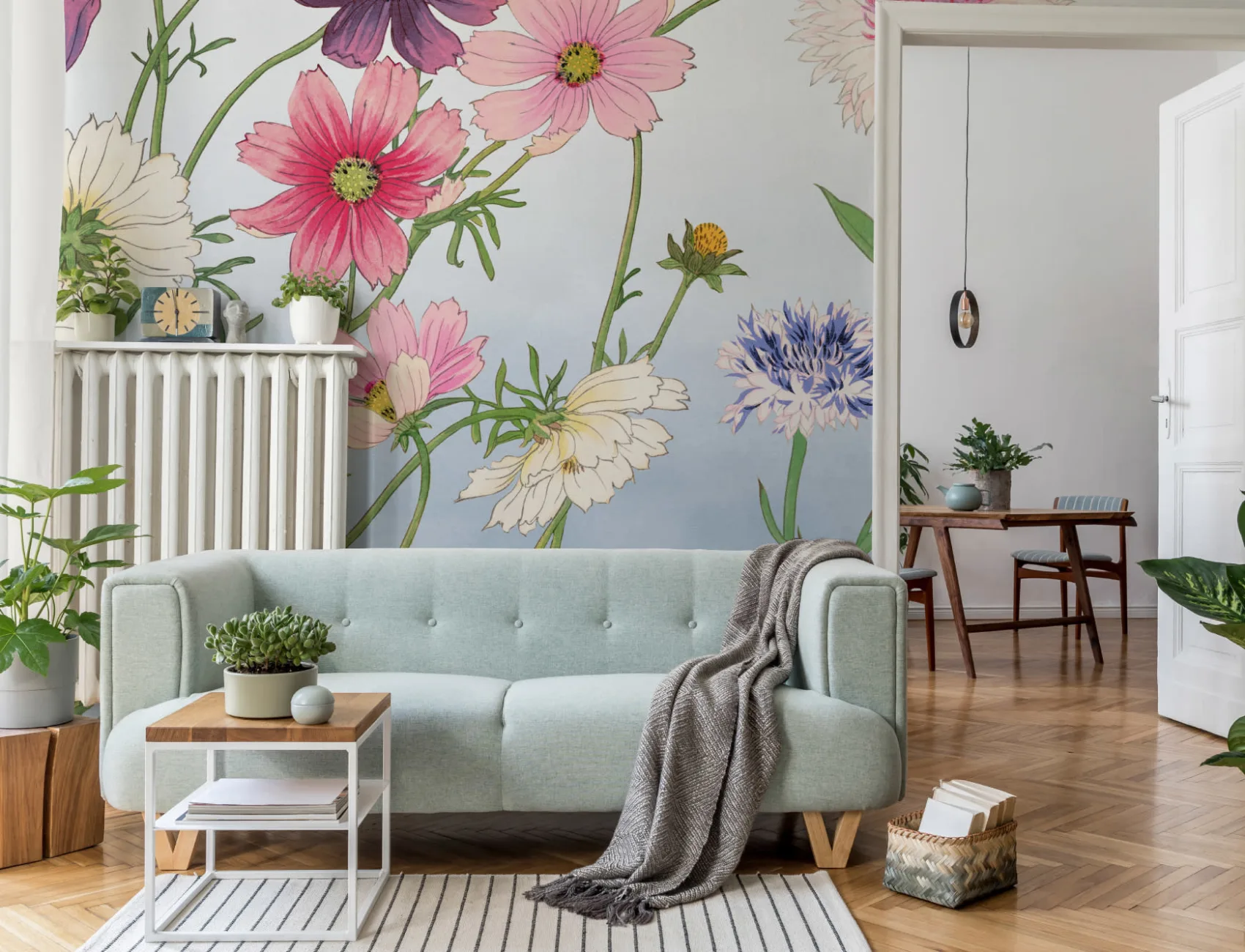 Cosmos Japanese Watercolor Floral Mural