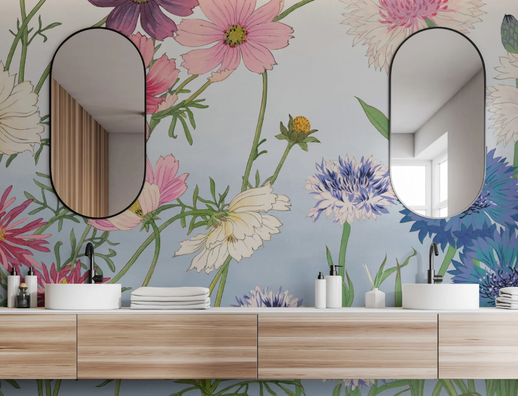 Cosmos Japanese Watercolor Floral Mural