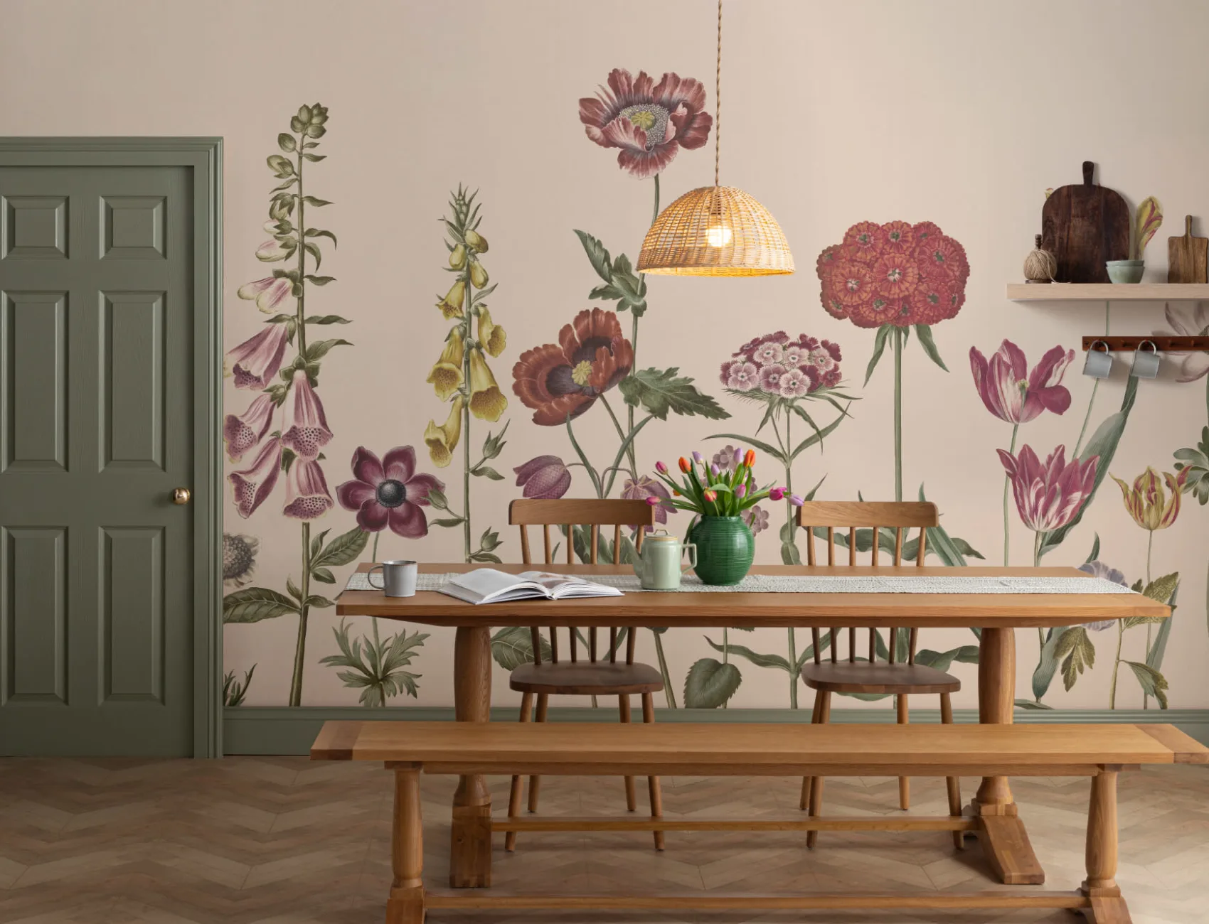 Mural ilustrado de flores silvestres en beige