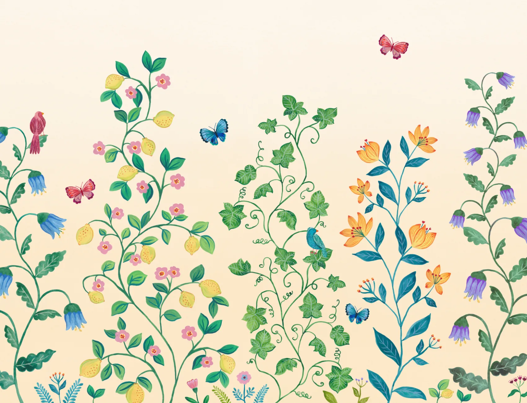 Yellow Whimsical Climbing Botanicals Mural
