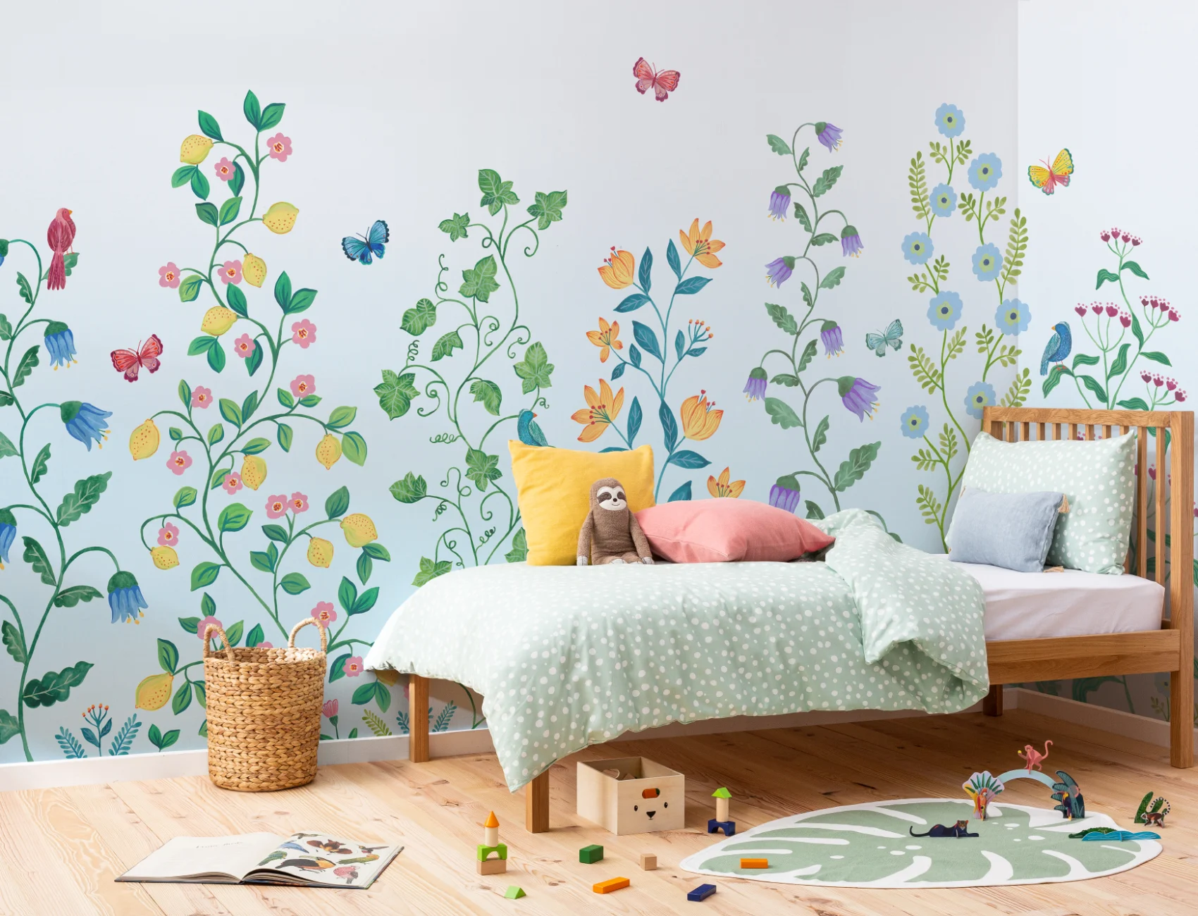 Blue Whimsical Climbing Botanicals Mural