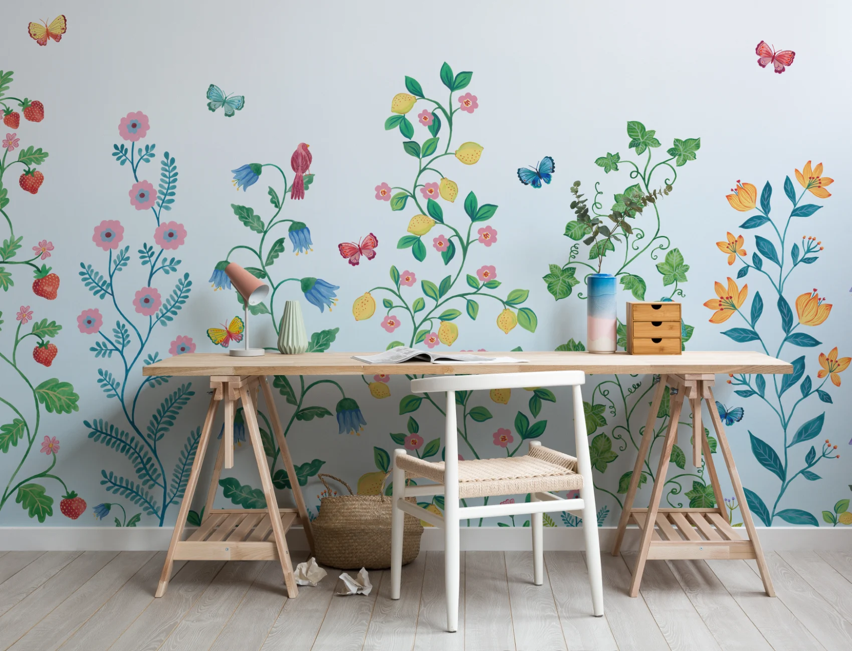 Blue Whimsical Climbing Botanicals Mural