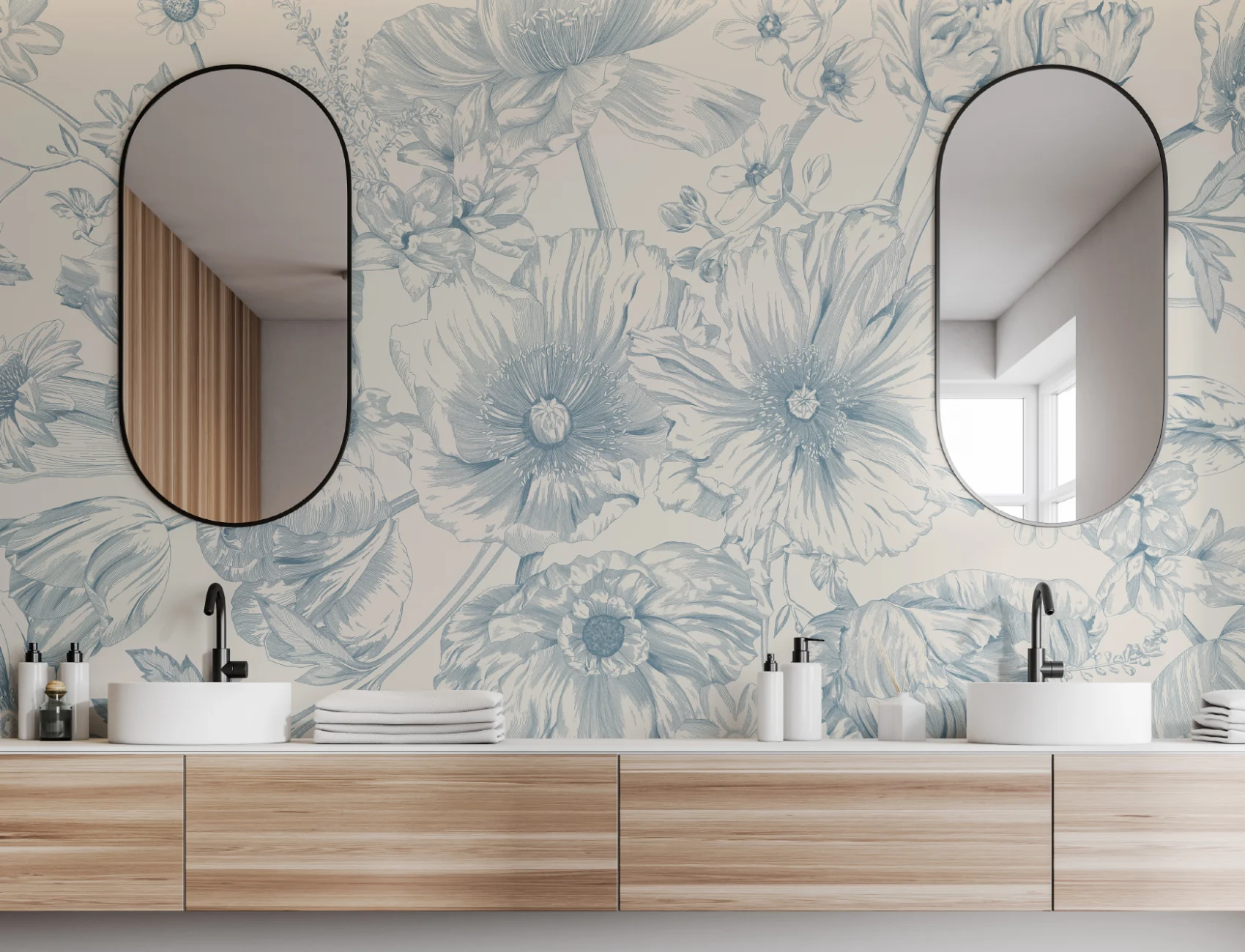 Blue Illustrated Floral Bouquet Mural