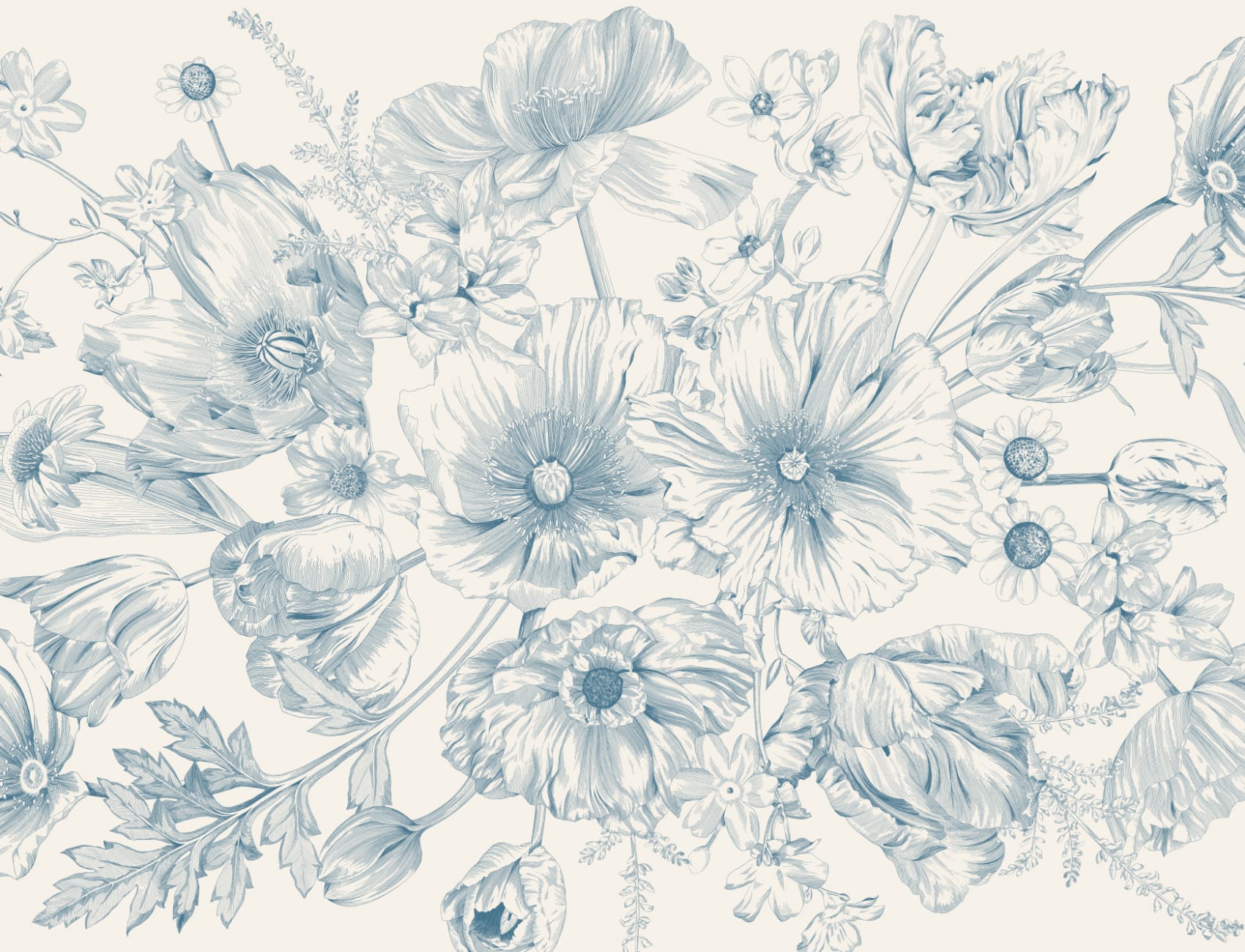 Blue Illustrated Floral Bouquet Mural