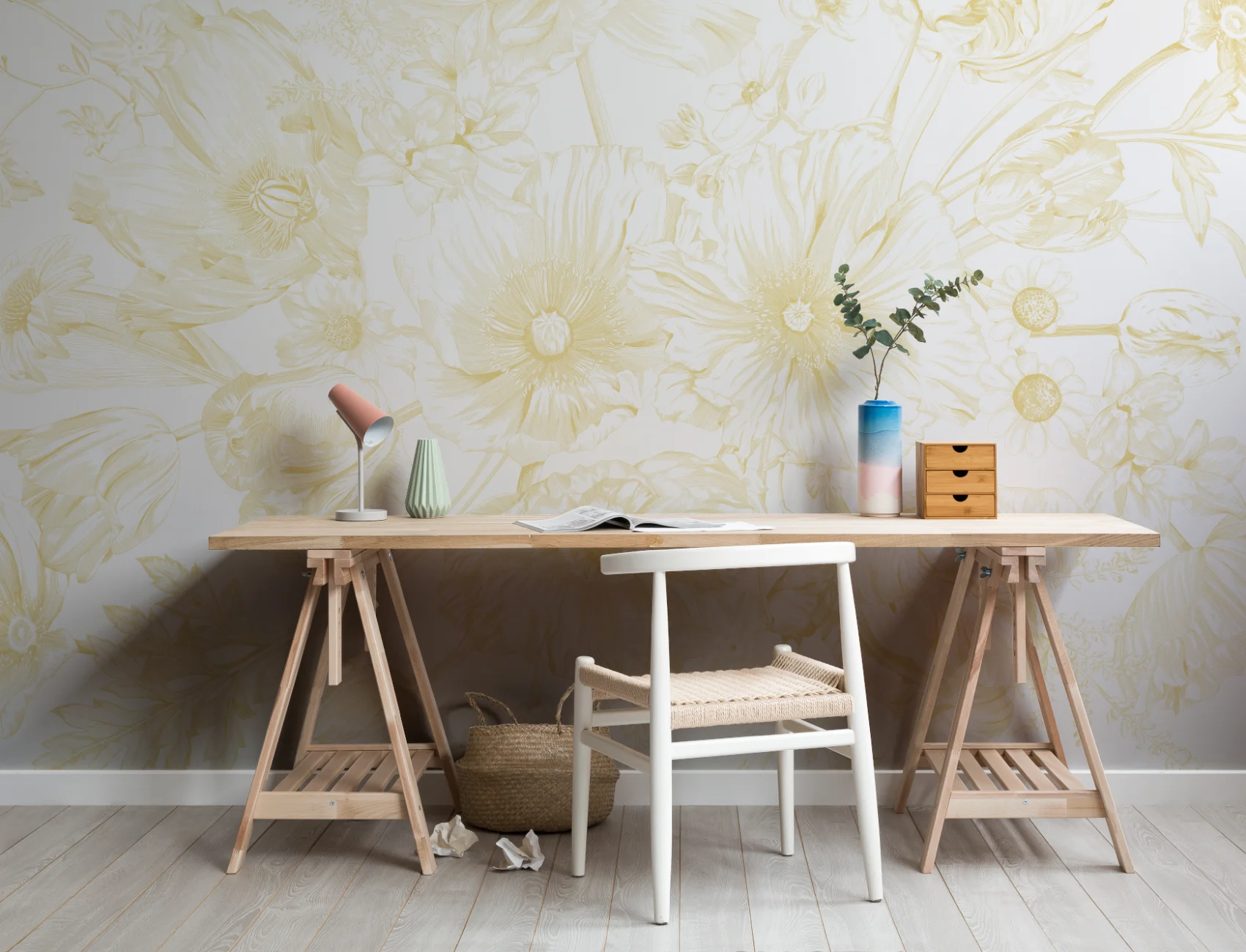 Yellow Illustrated Floral Bouquet Mural