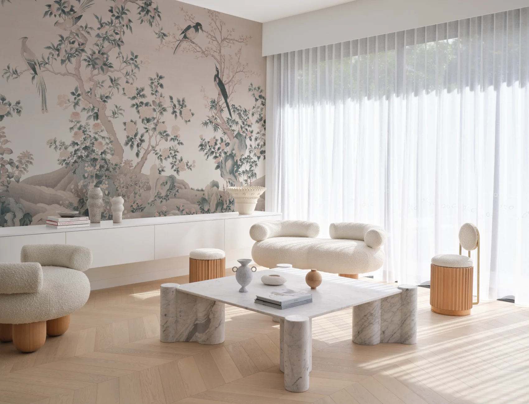 Pink Chinoiserie Vintage Garden Scene Mural