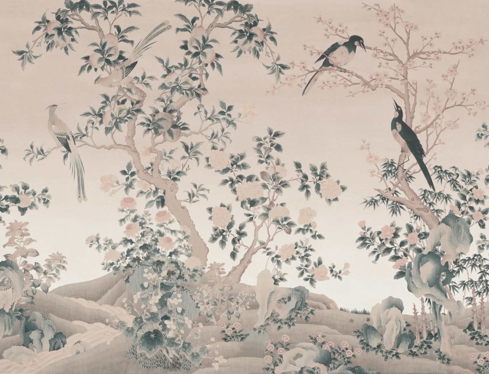 Pink Chinoiserie Vintage Garden Scene Mural