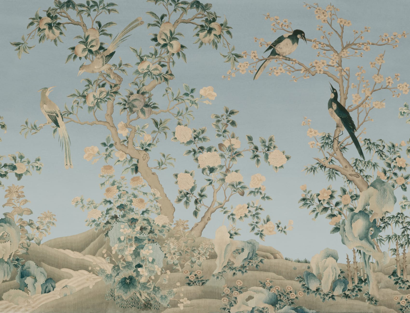 Blue Chinoiserie Vintage Garden Scene Mural