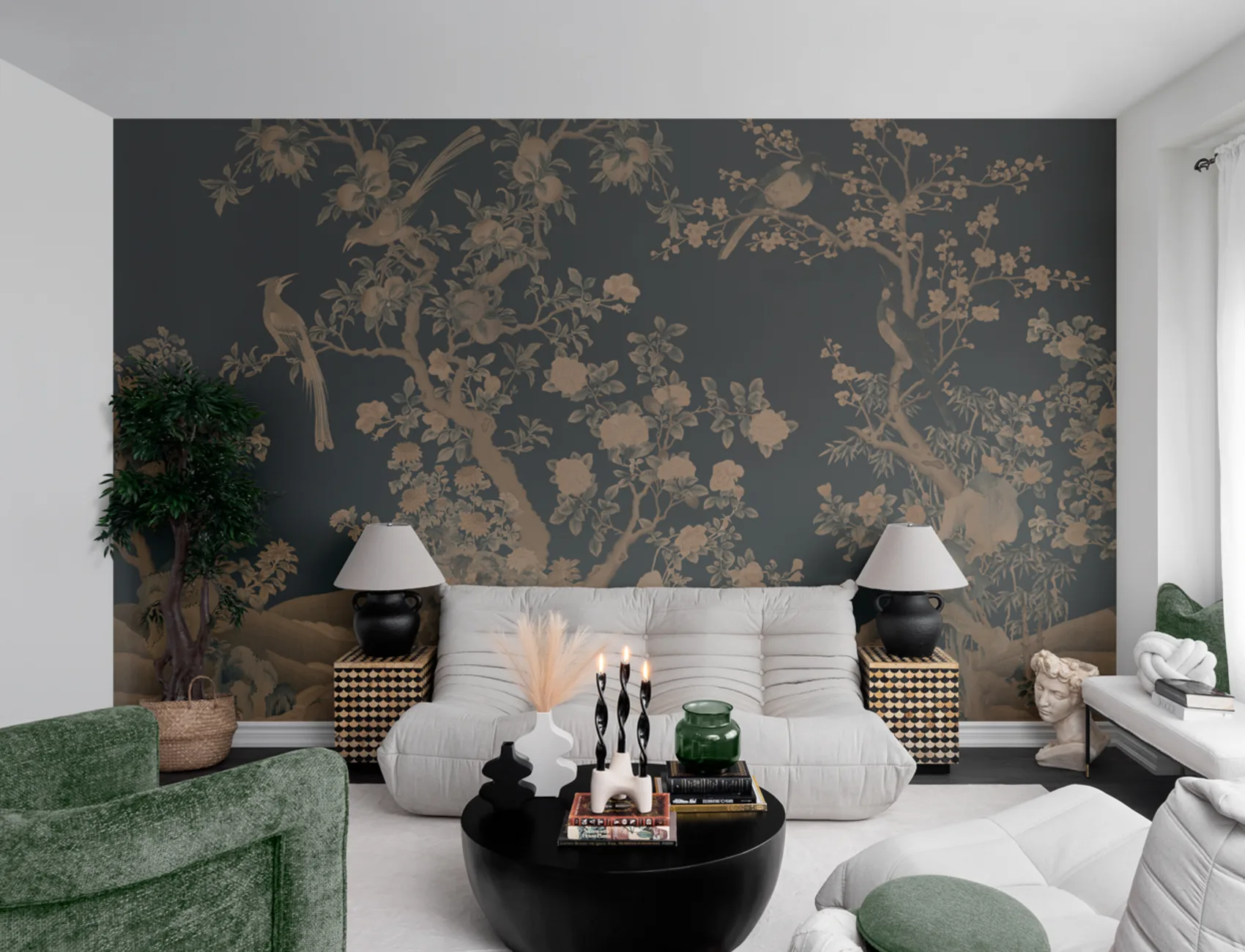 Navy Chinoiserie Vintage Garden Scene Mural