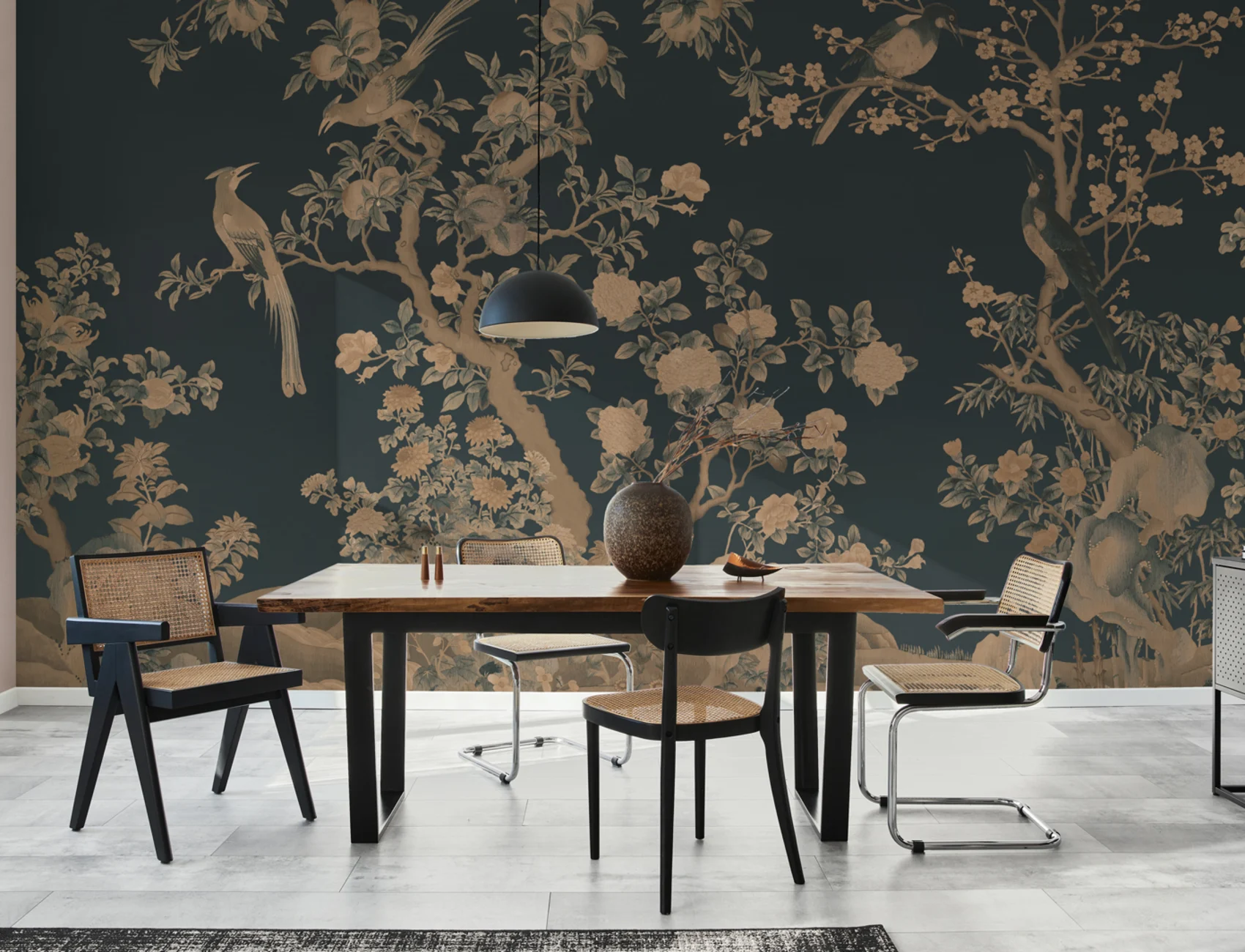 Navy Chinoiserie Vintage Garden Scene Mural