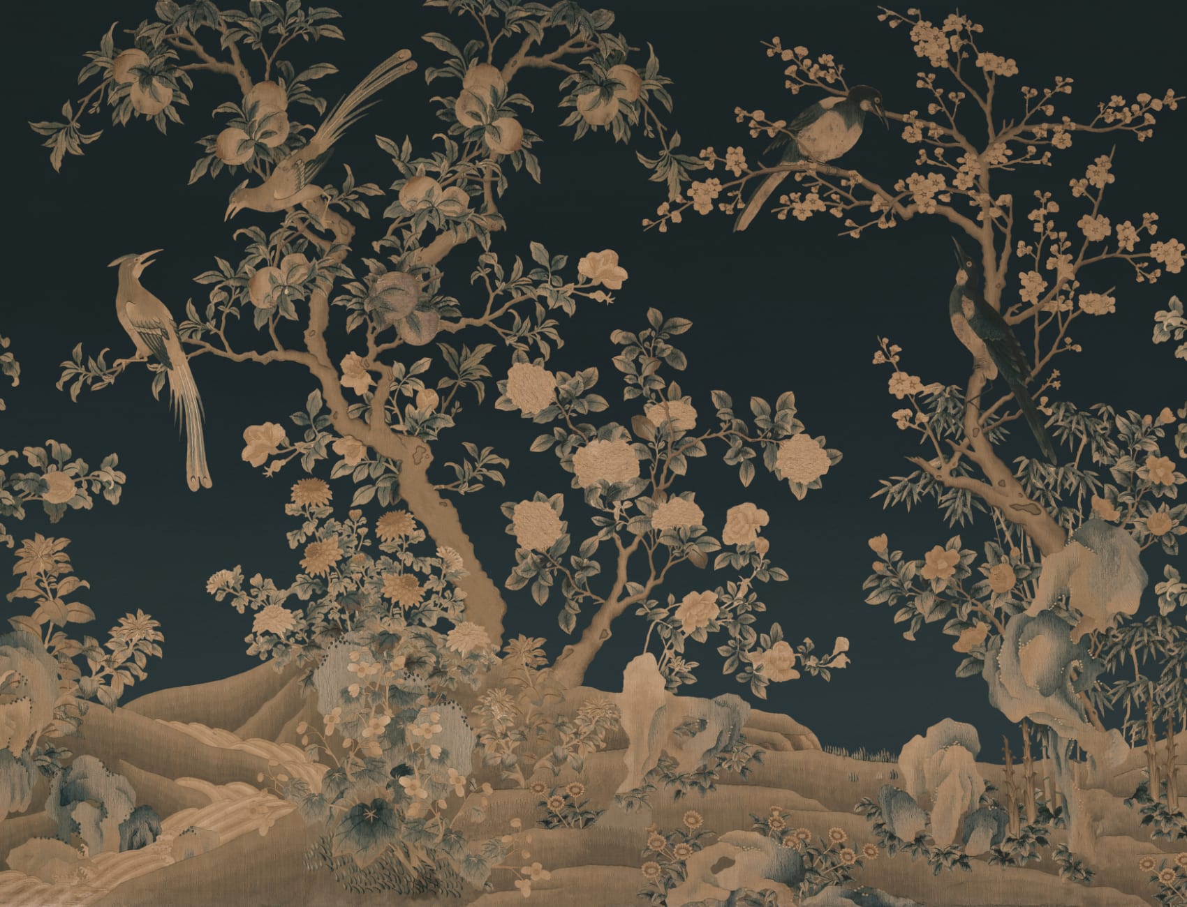 Navy Chinoiserie Vintage Garden Scene Mural