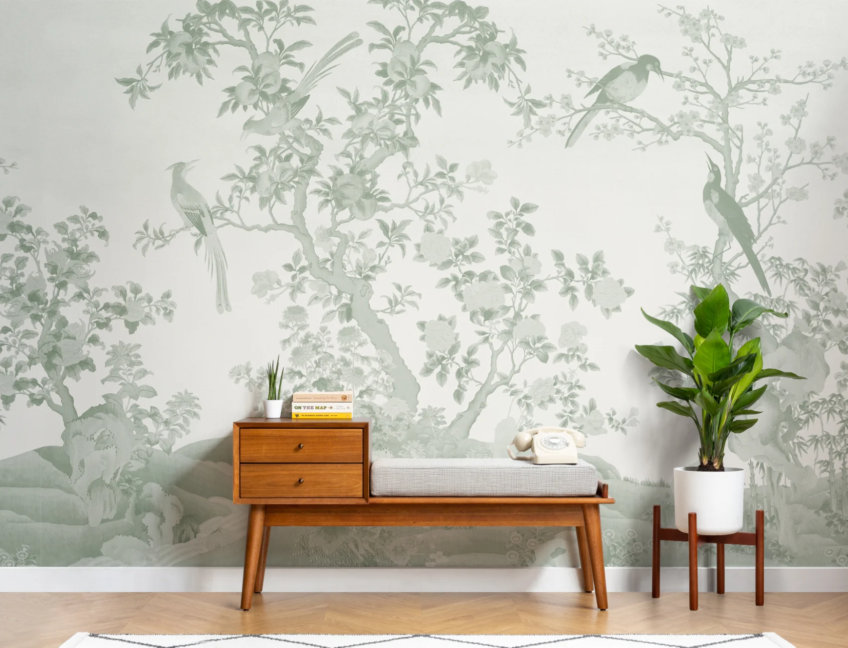 Tonal Green Chinoiserie Vintage Garden Scene Mural