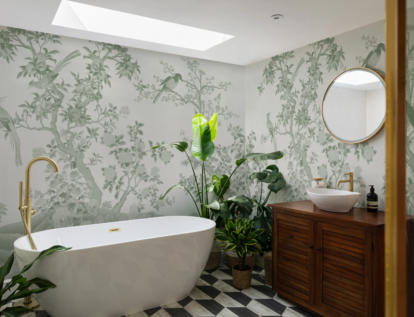 Tonal Green Chinoiserie Vintage Garden Scene Mural