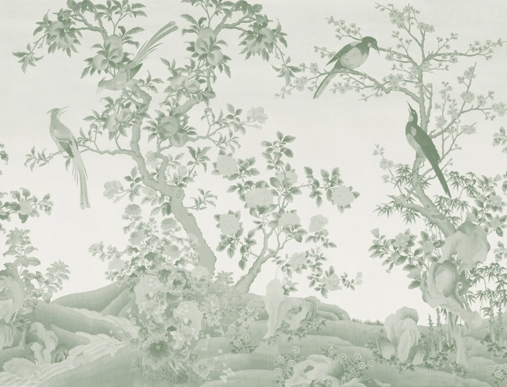 Tonal Green Chinoiserie Vintage Garden Scene Mural