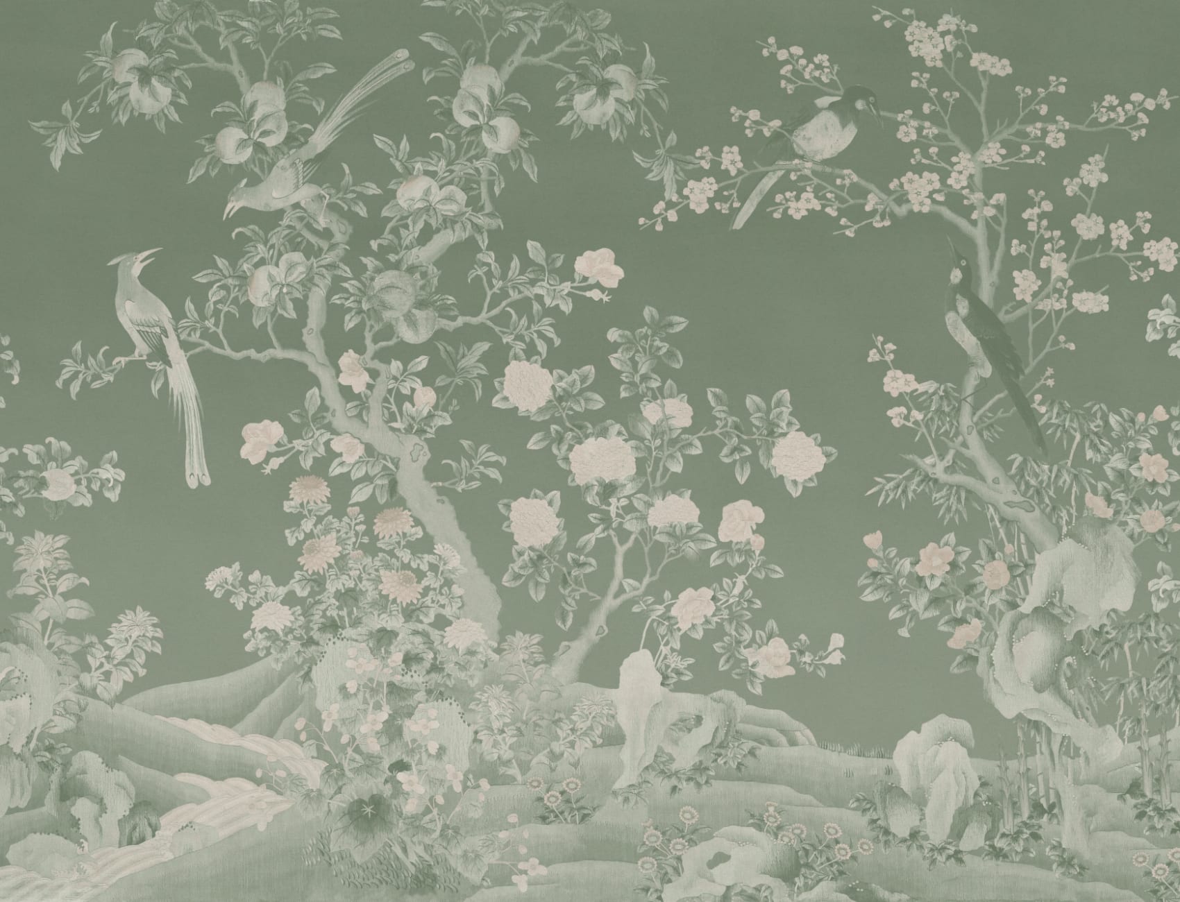 Green Chinoiserie Vintage Garden Scene Mural