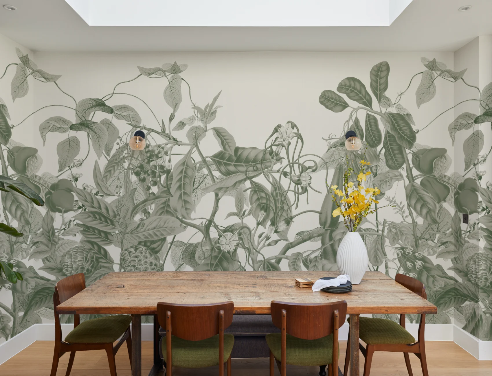 Lush Vintage Botanical Wall Mural in Green with Detailed Tropical Plant Illustrations
