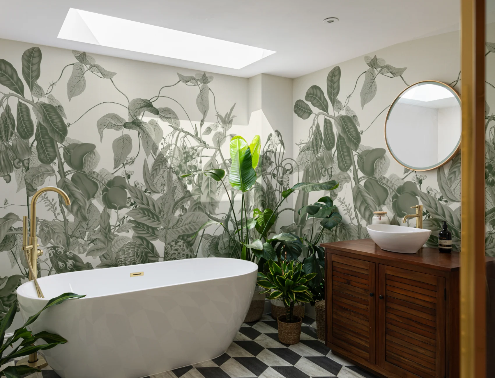 Lush Vintage Botanical Wall Mural in Green with Detailed Tropical Plant Illustrations