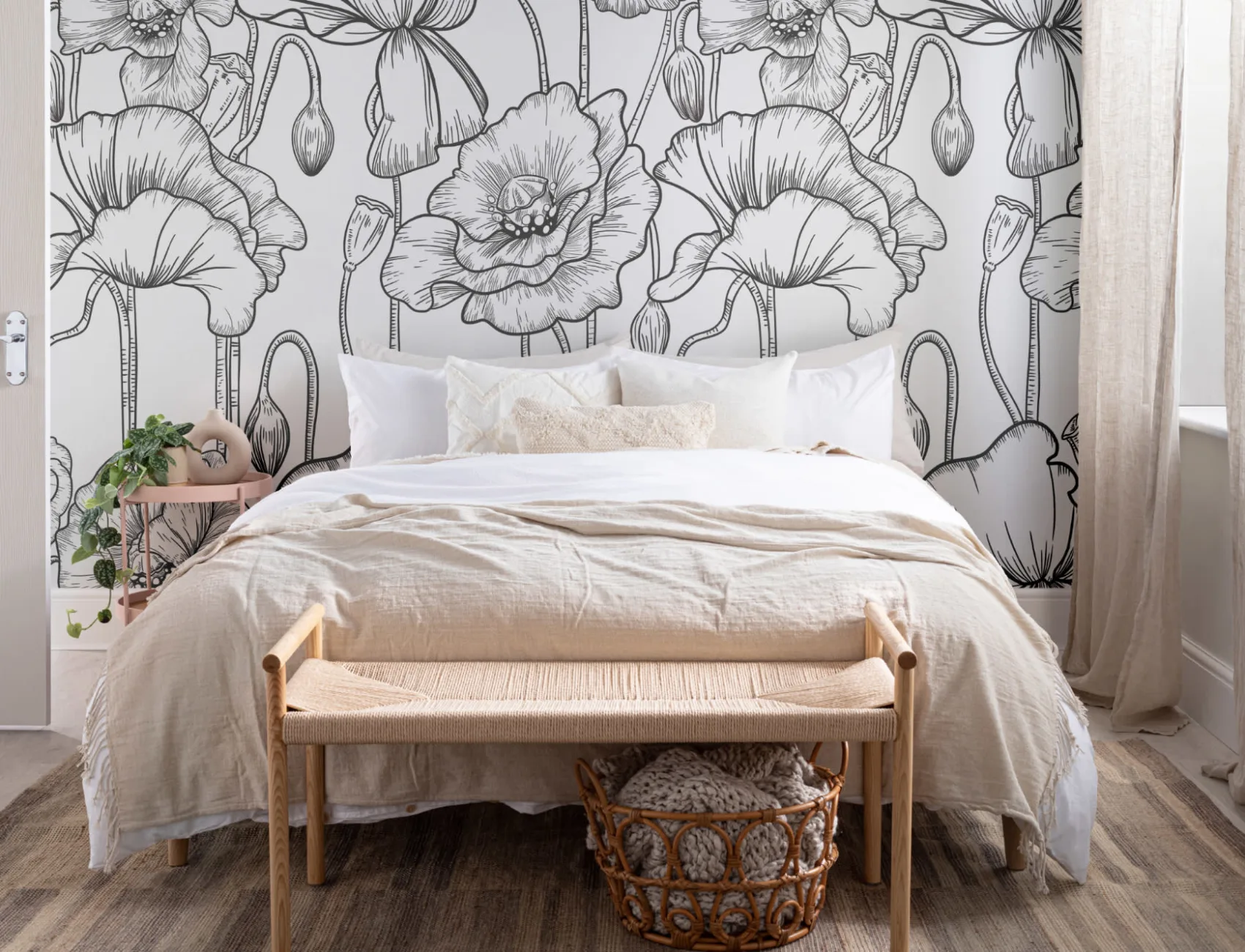 Fototapete Illustrierte Blumen Schwarz-Weiß