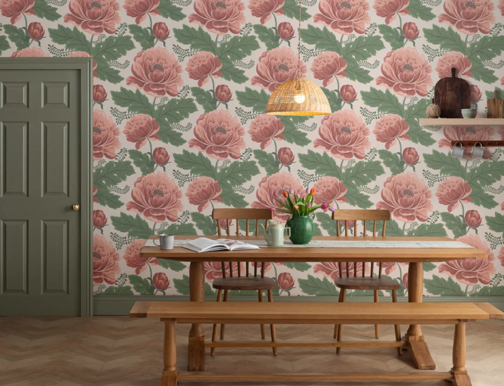 Pink & Green Heritage Floral Pattern Wallpaper Mural