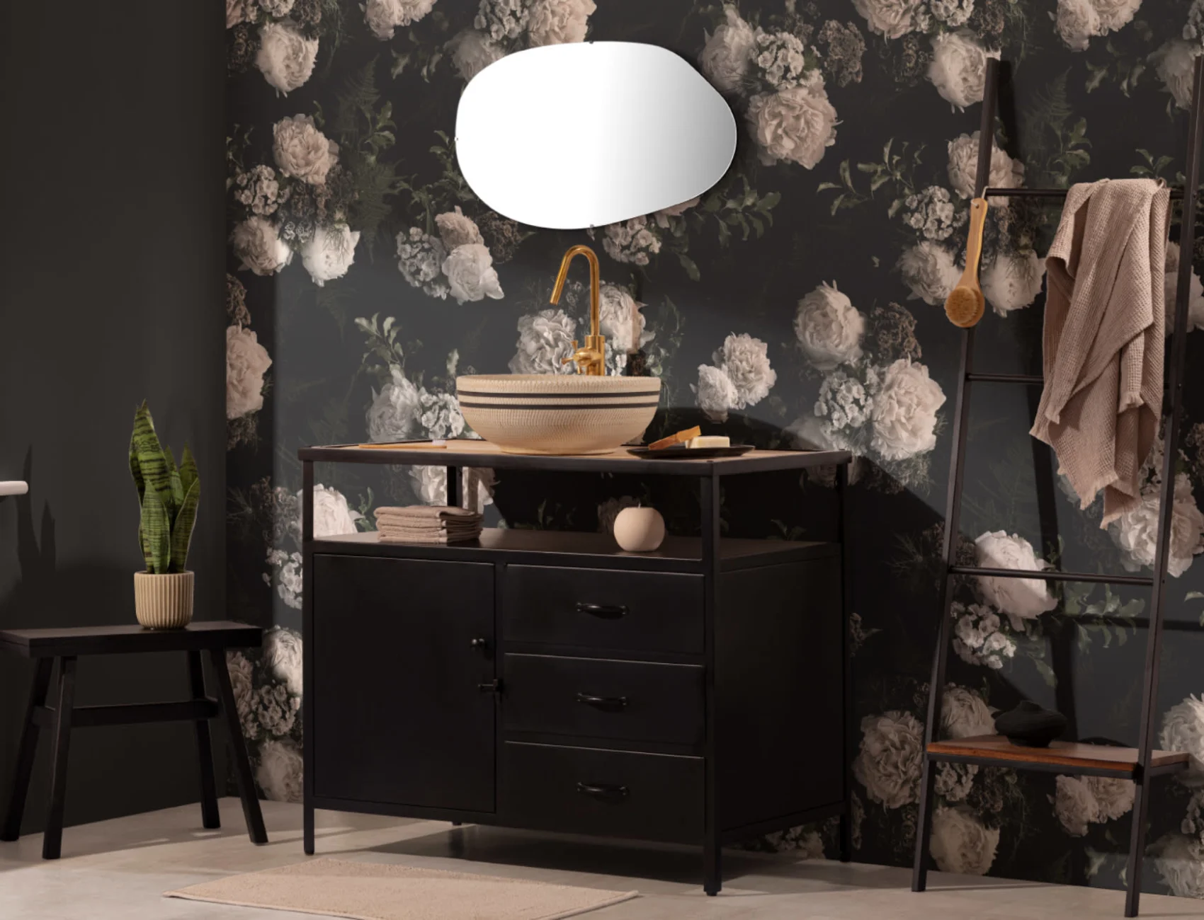 Black & White Dark Moody Floral Pattern Wallpaper Mural