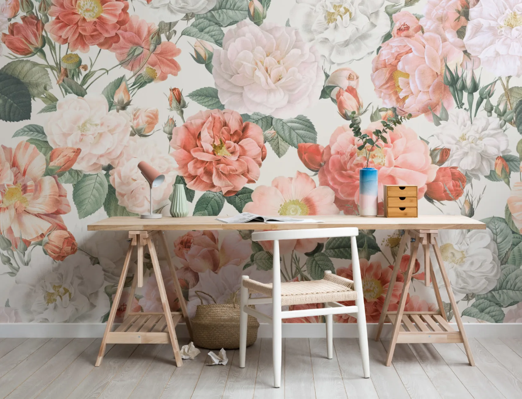 Pink & Red Roses Vintage Floral Wallpaper Mural