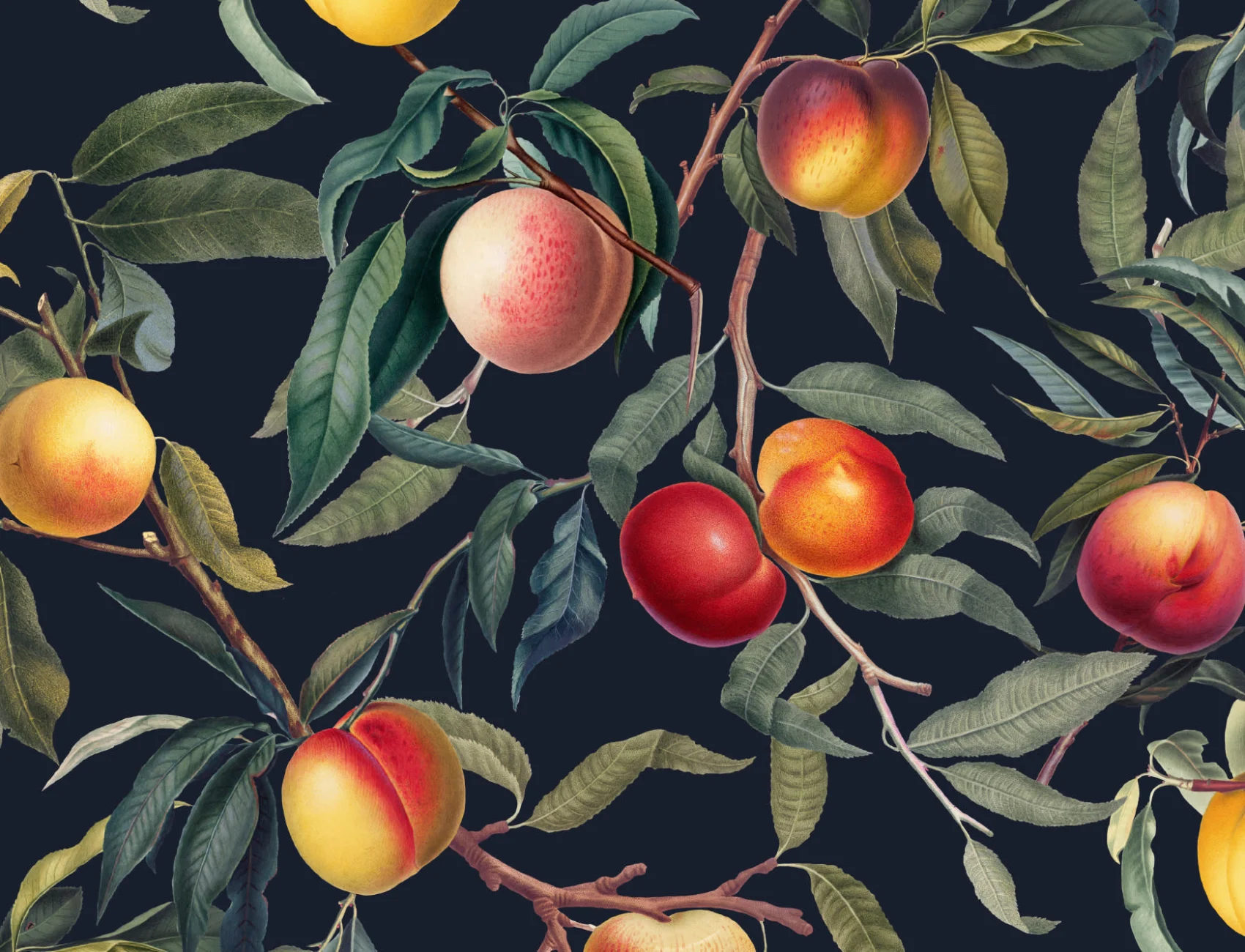 Dark Green and Navy Vintage Botanical Fruit Repeat Pattern Wallpaper