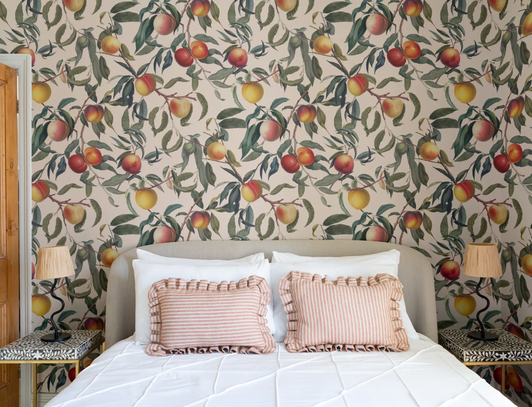 Cream and Green Vintage Botanical Peach Fruit Repeat Pattern Wallpaper