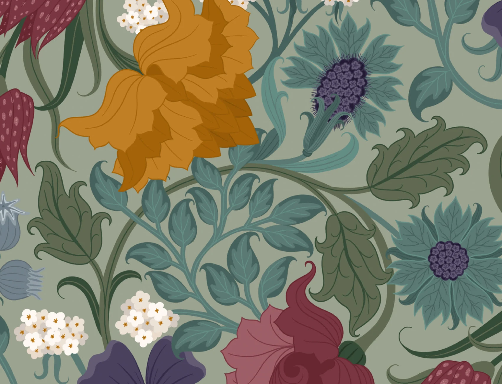 Papier Peint Fleuri Vintage en Vert et Ocre