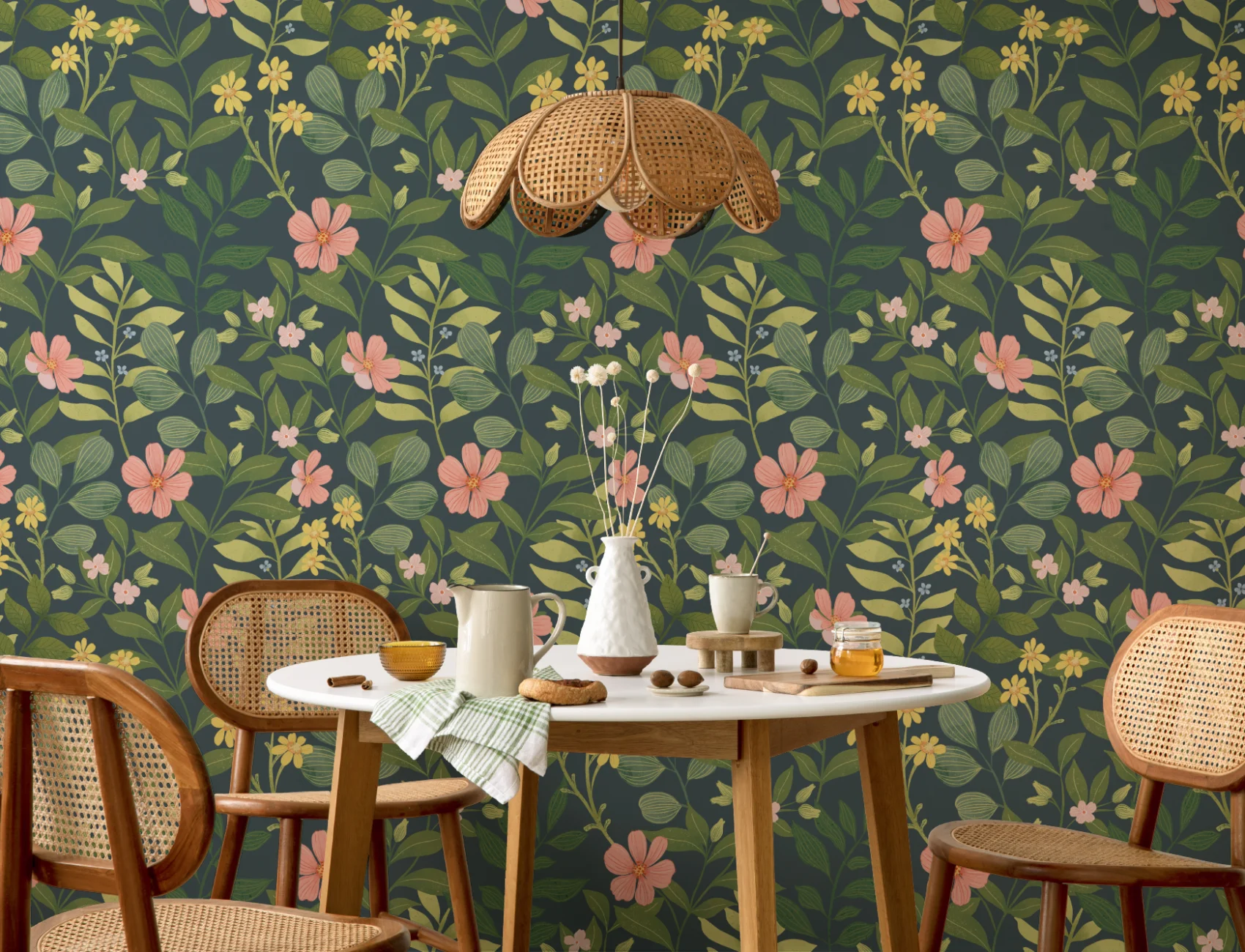 Dark Navy Floral Garden Repeat Pattern Wallpaper