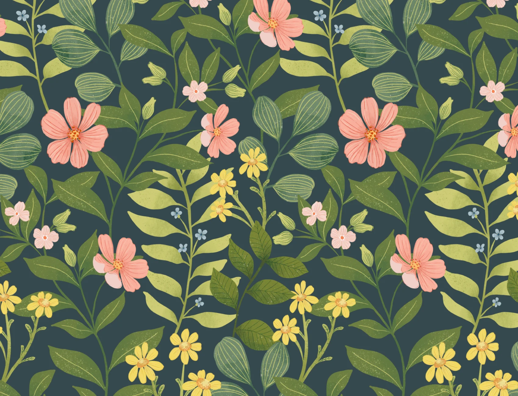 Dark Navy Floral Garden Repeat Pattern Wallpaper