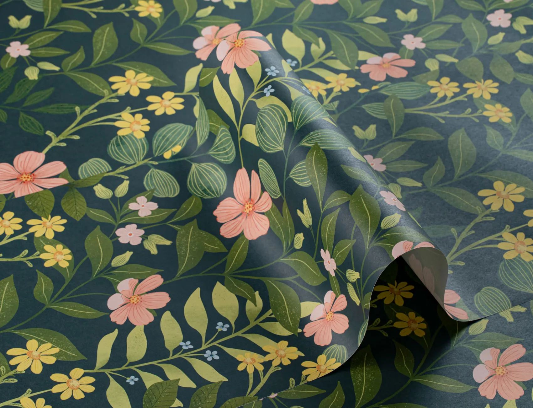 Dark Navy Floral Garden Repeat Pattern Wallpaper