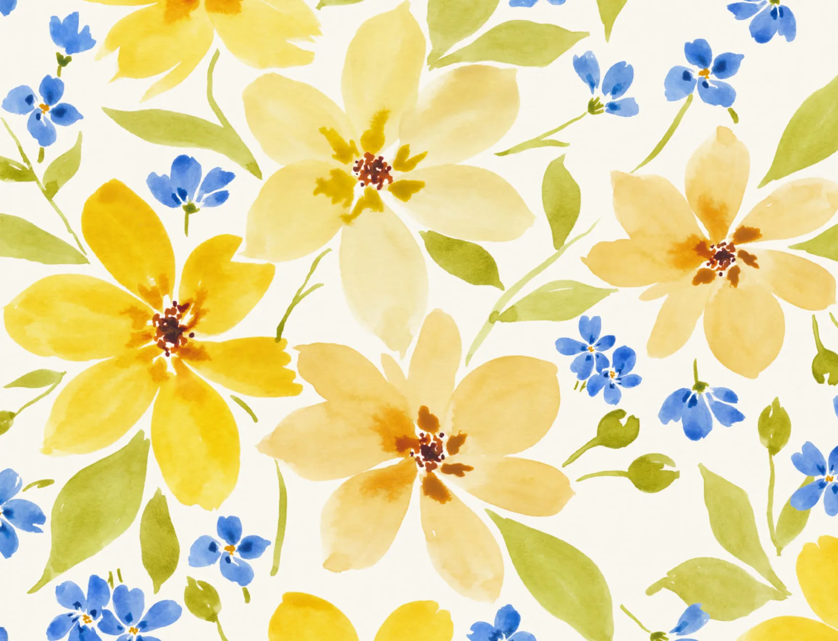 Yellow and Blue Watercolor Flowers Wallpaper