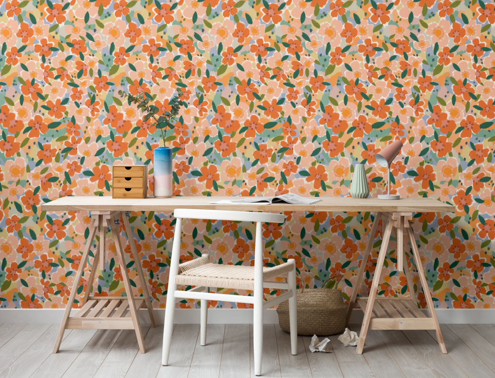 Papel de parede floral divertido estilo pintado a óleo laranja