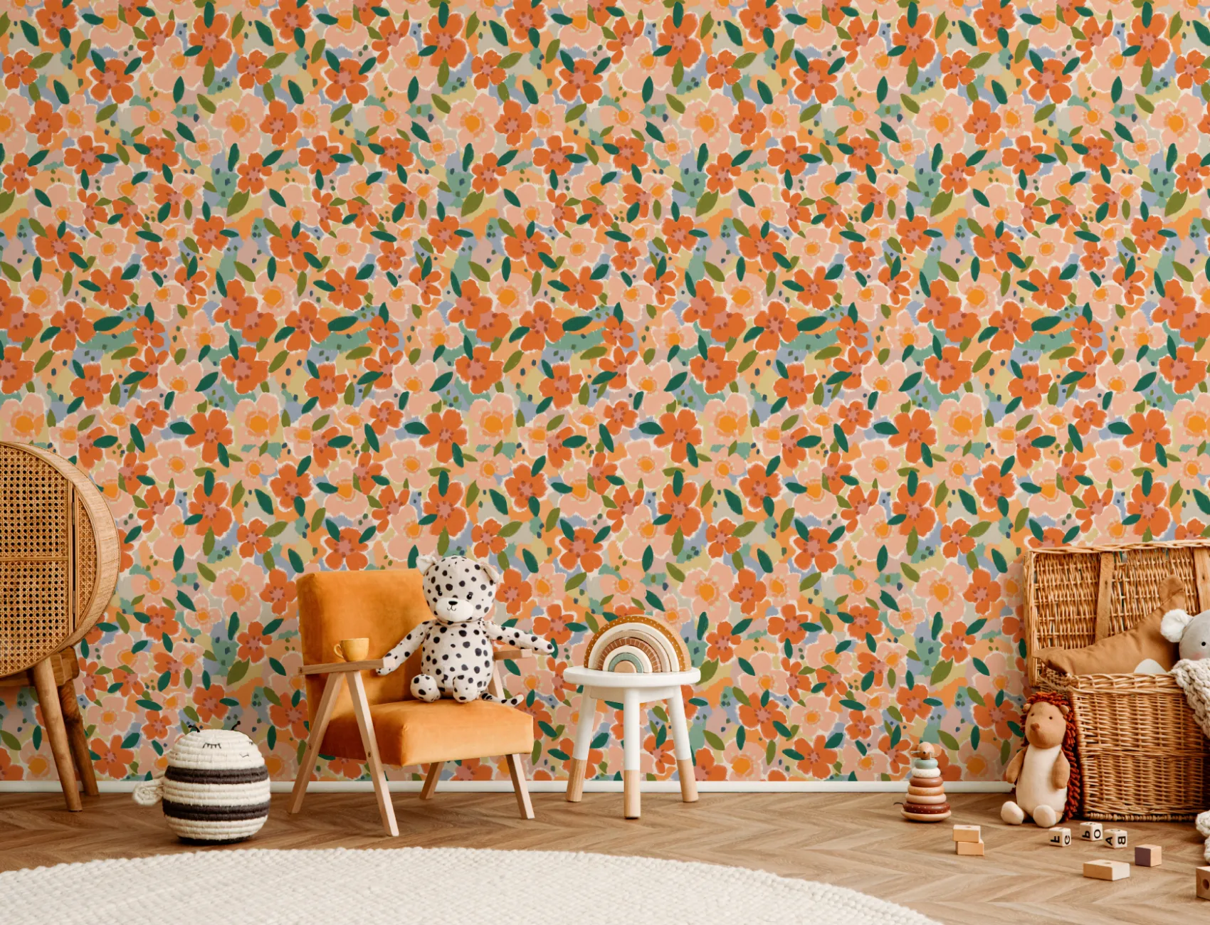 Papel de parede floral divertido estilo pintado a óleo laranja
