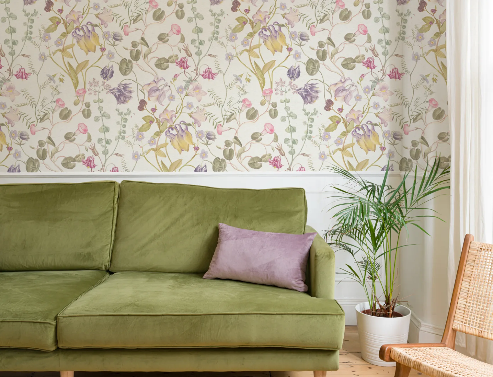 Evelina Pink Floral Wallpaper with Hand Drawn Vintage Botanical Pattern