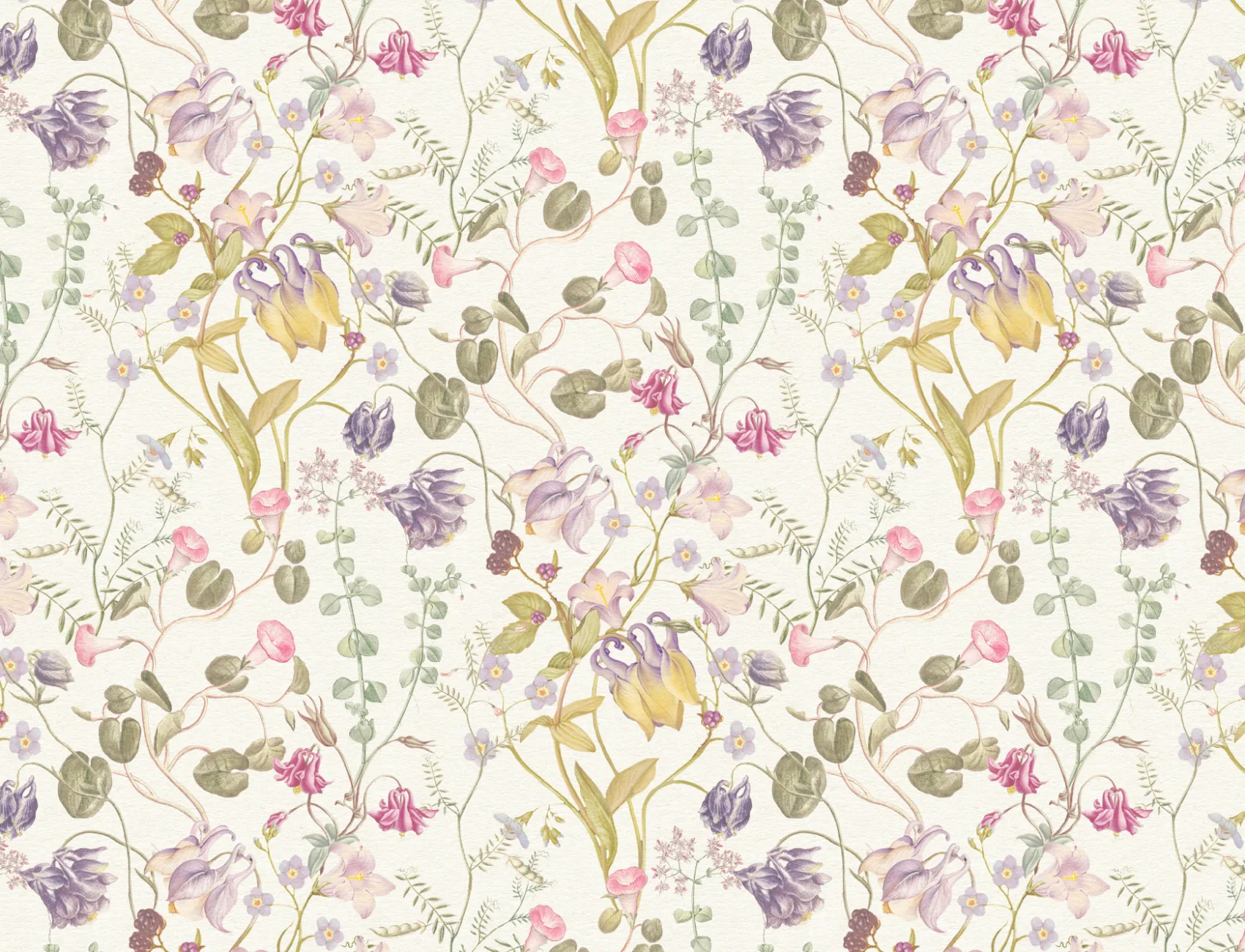 Evelina Pink Floral Wallpaper with Hand Drawn Vintage Botanical Pattern