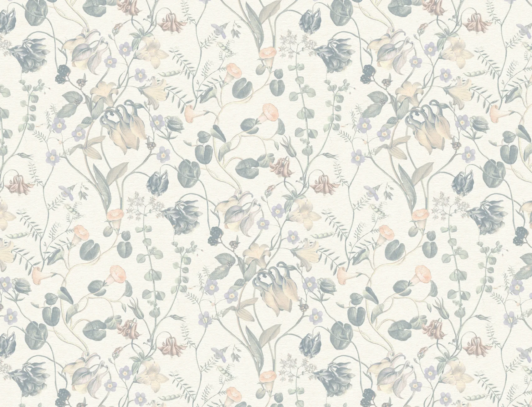 Evelina Blue Botanical Wallpaper with Whimsical Vintage Floral Details