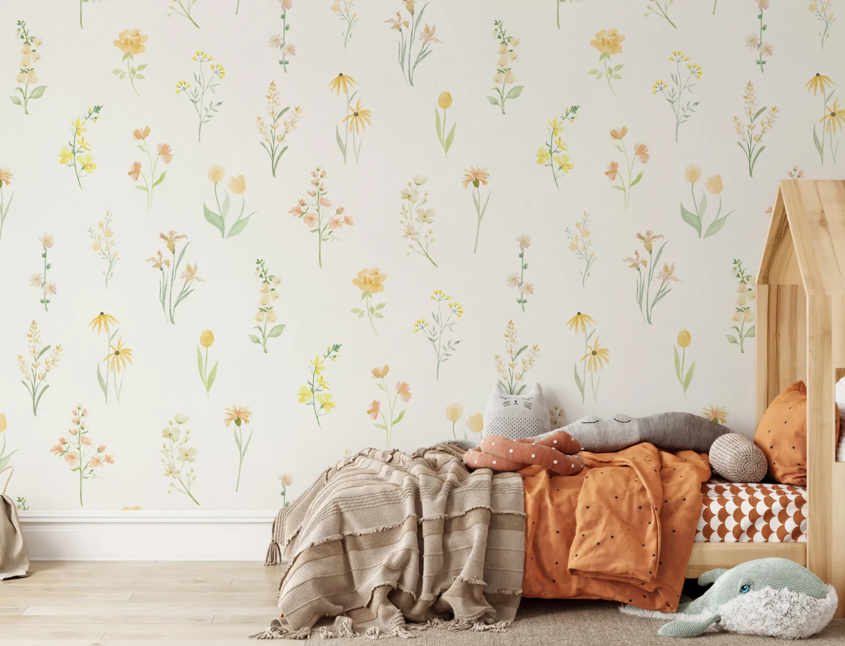 Gul blomsterfototapet med vilde blomster til en frisk og lys stemning