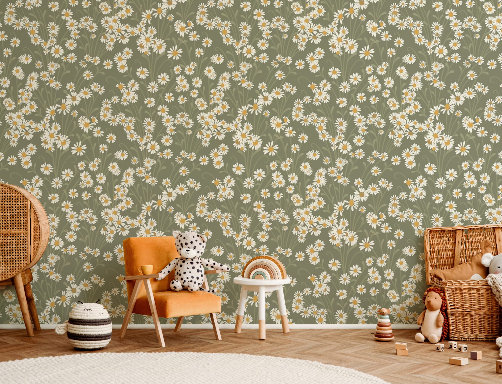 Green Vintage Floral Pattern Mural With Daisies Mural