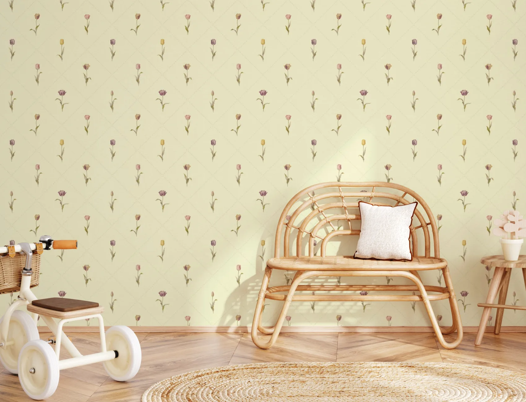 Veelkleurige vintage bloemenmuurschildering met pastelpatroon voor de kinderkamer