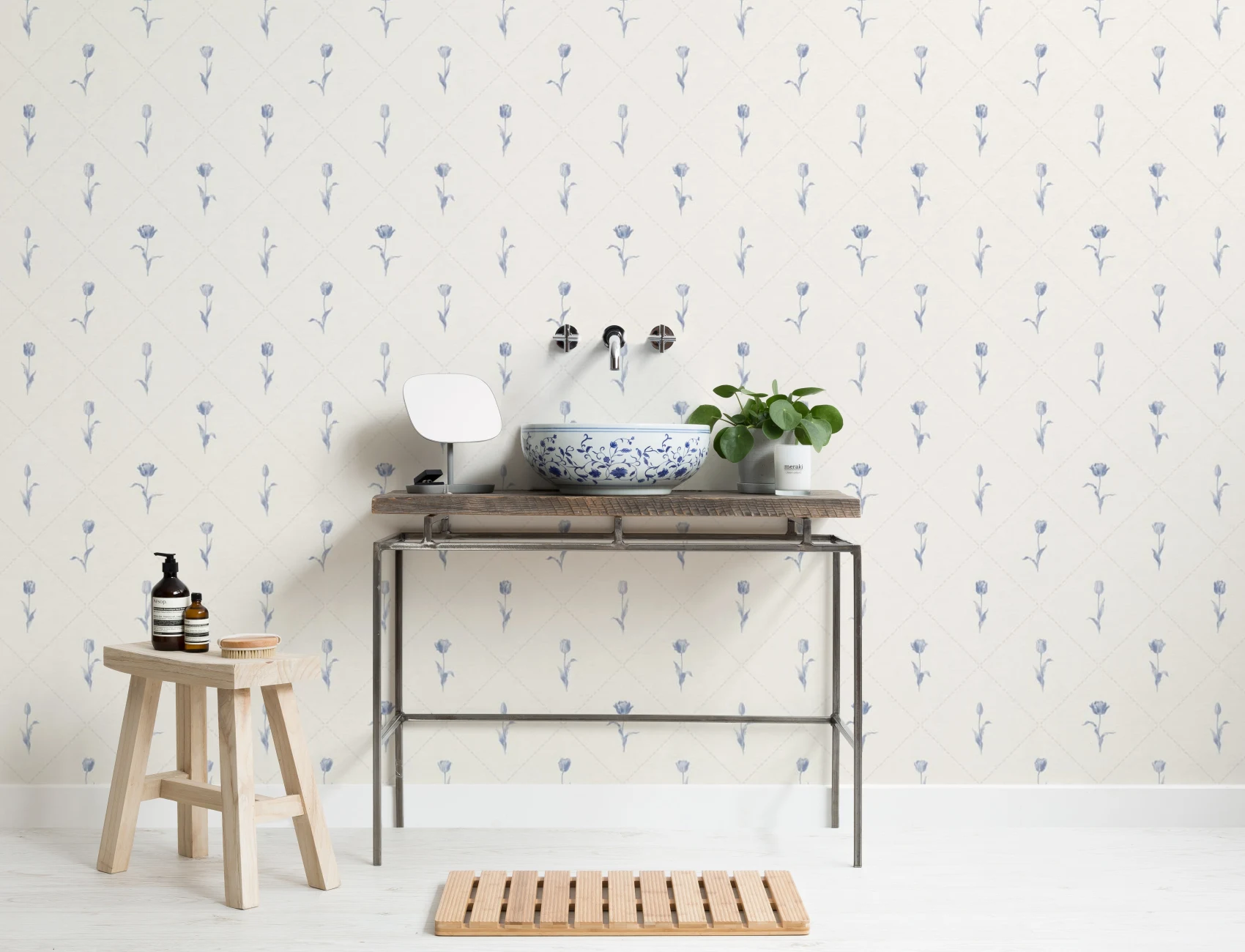 Blue Vintage Floral Charming Pastel Mural