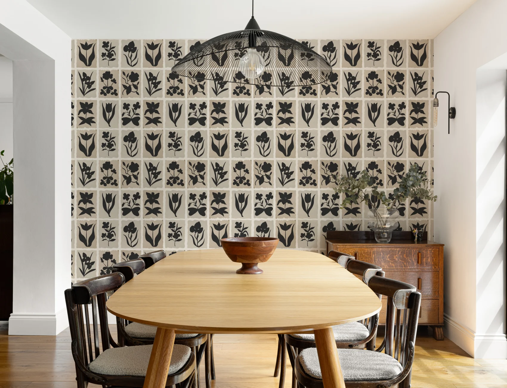 Black Floral Vintage Style Wall Mural Creates Elegance