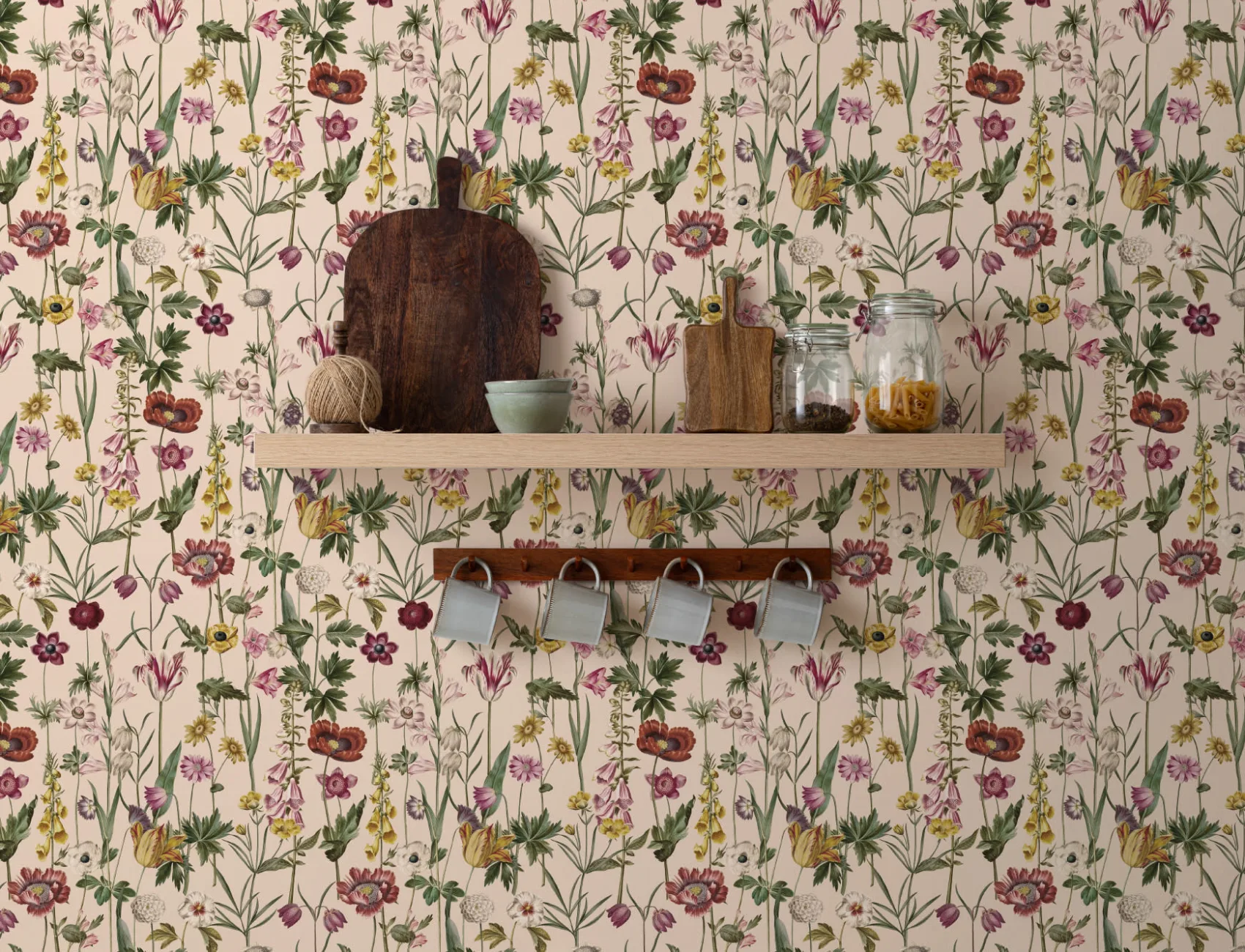 Beige illustrerad vildblomma tapet