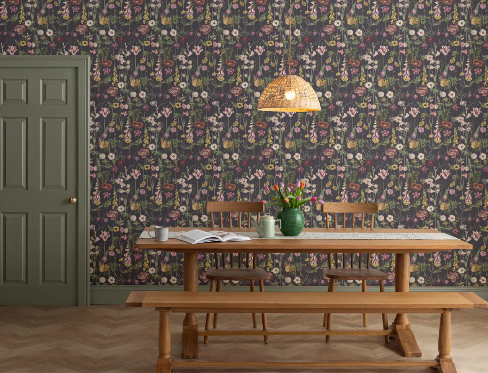 Dark Illustrated Wildflower Wallpaper
