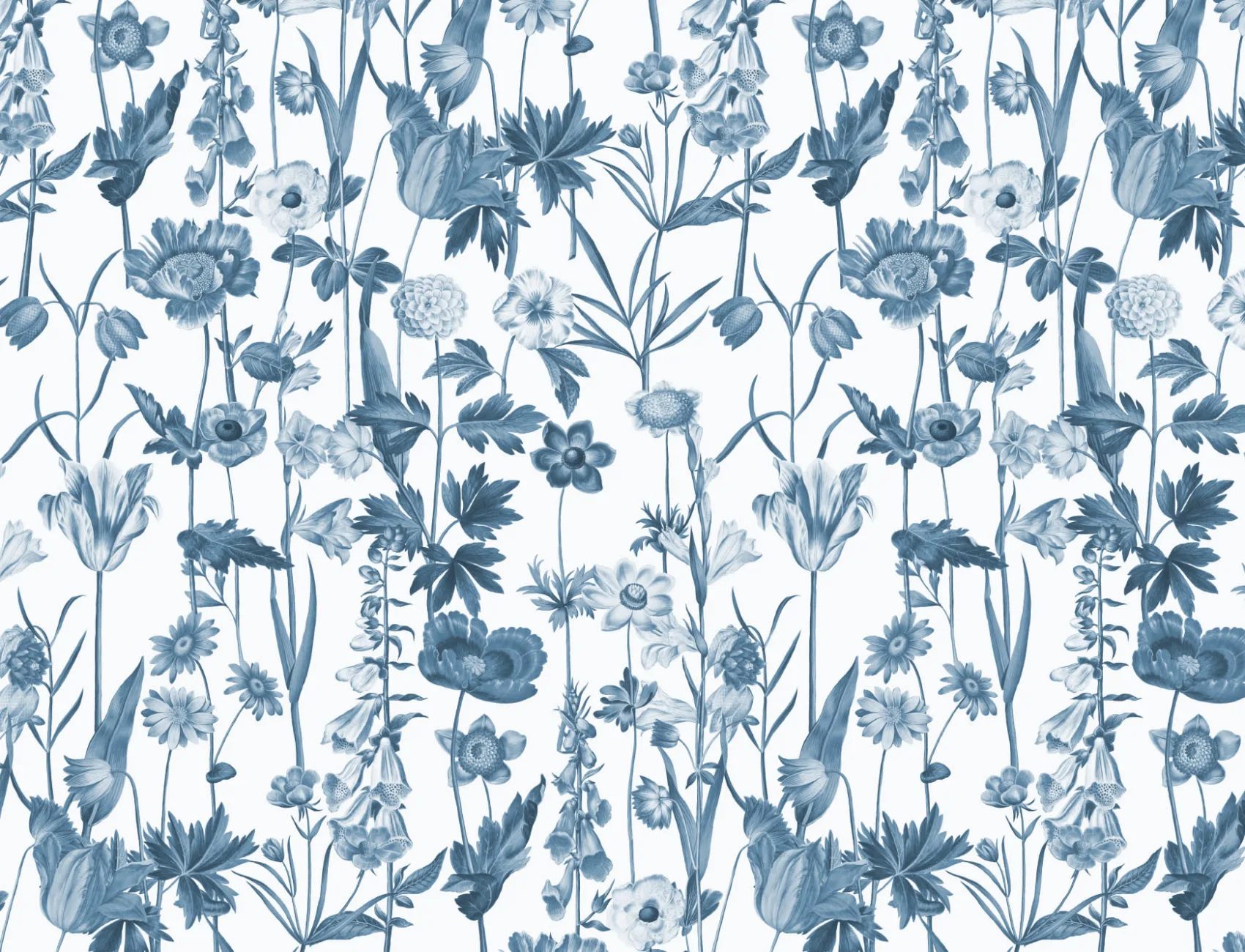 Blauw Wit Geïllustreerd Wilde Bloemen Behang