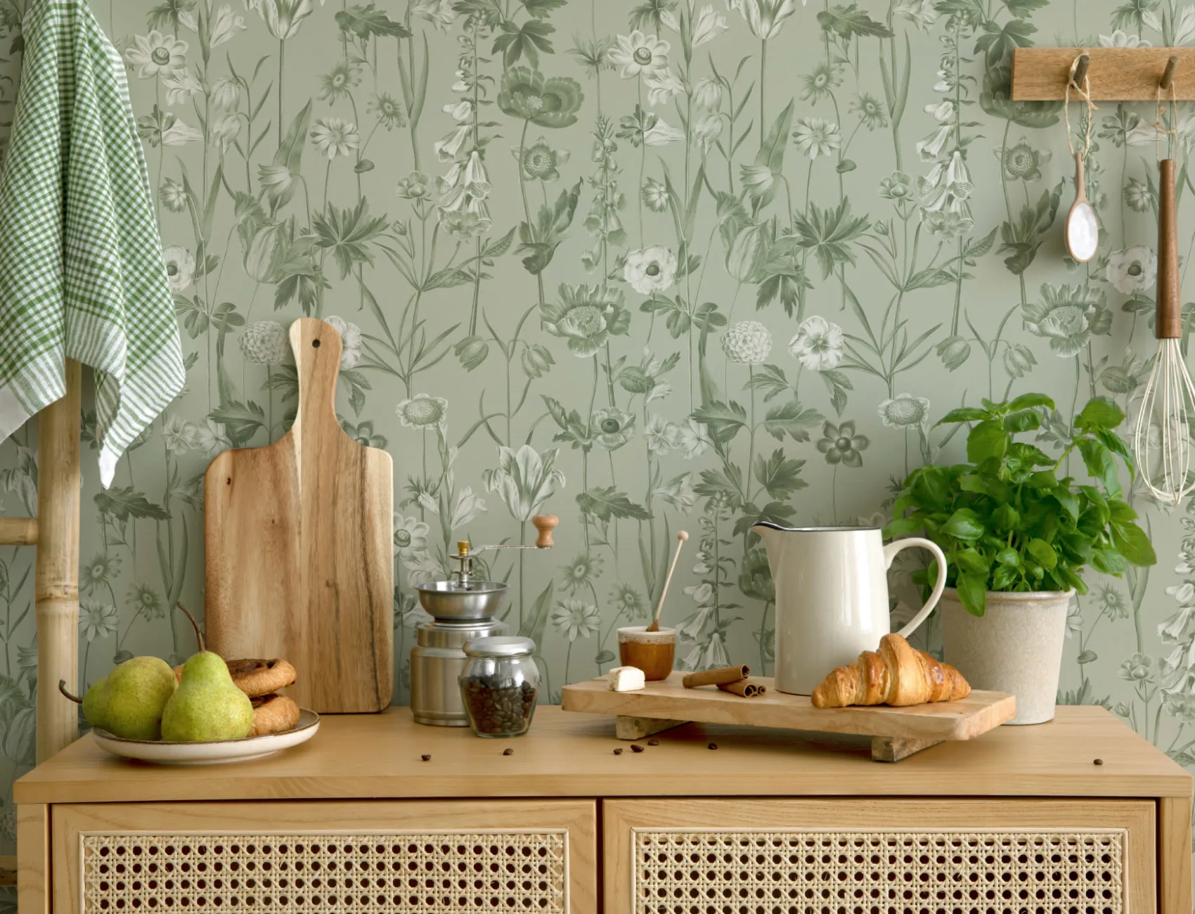 Green Illustrated Wildflower Wallpaper
