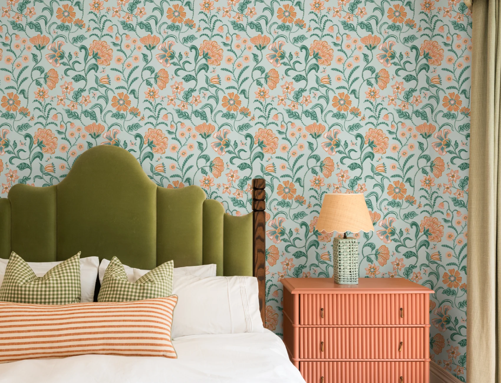 Teal Indian Style Floral Wallpaper