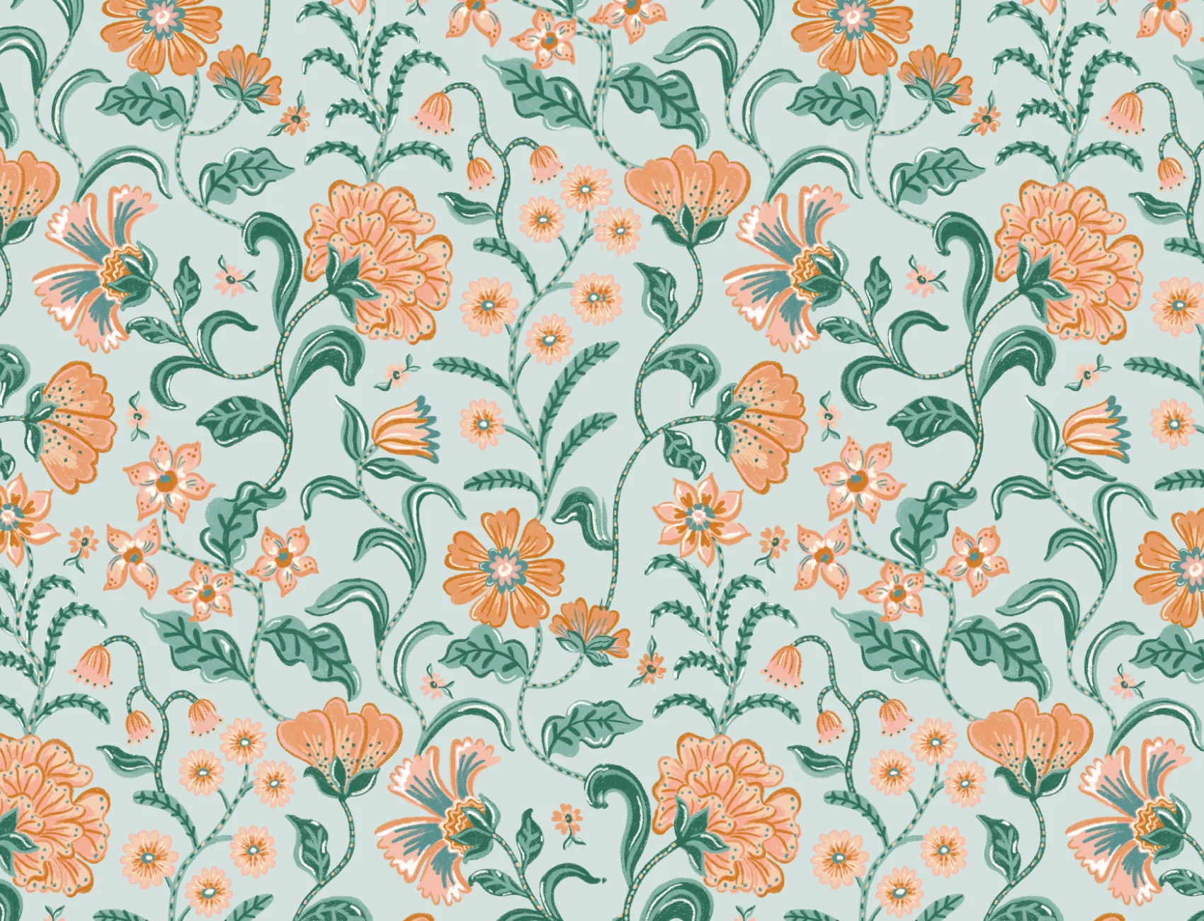 Teal Indian Style Floral Wallpaper